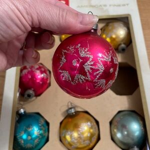 Vintage Geo Franke Glass Christmas Ornaments Gold Blue Red w Glitter Stars Set 9